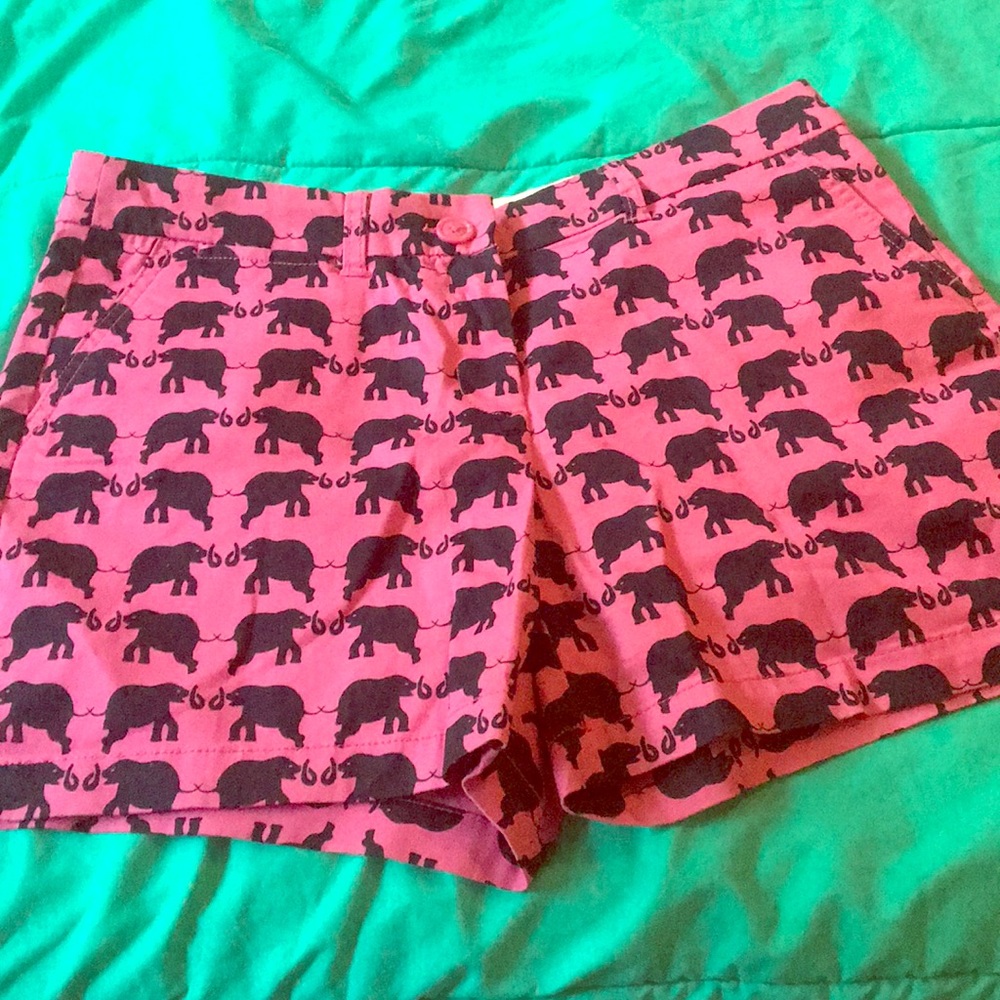 A patterned pair of shorts, worn once
